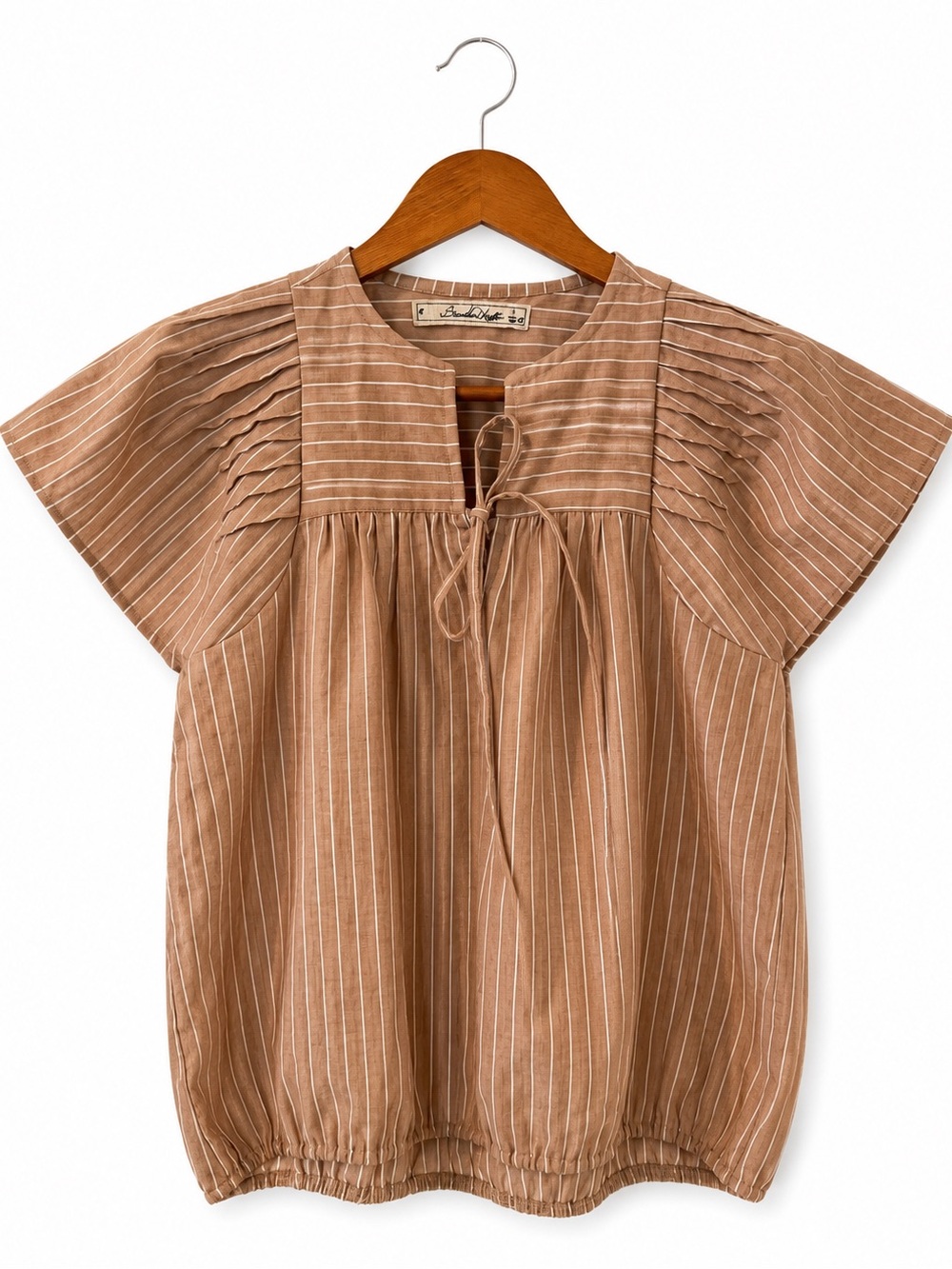 Striped Tie-Front Flutter Sleeve Blouse in Tan